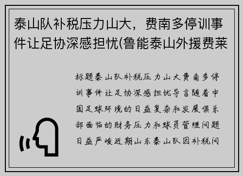 泰山队补税压力山大，费南多停训事件让足协深感担忧(鲁能泰山外援费莱尼)