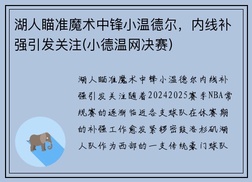 湖人瞄准魔术中锋小温德尔，内线补强引发关注(小德温网决赛)