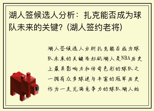 湖人签候选人分析：扎克能否成为球队未来的关键？(湖人签约老将)