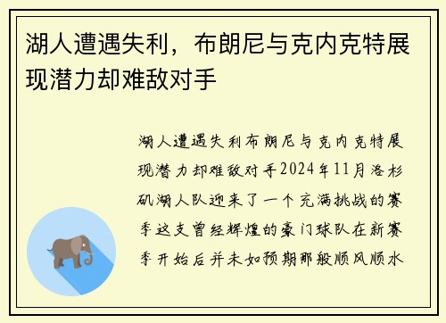 湖人遭遇失利，布朗尼与克内克特展现潜力却难敌对手