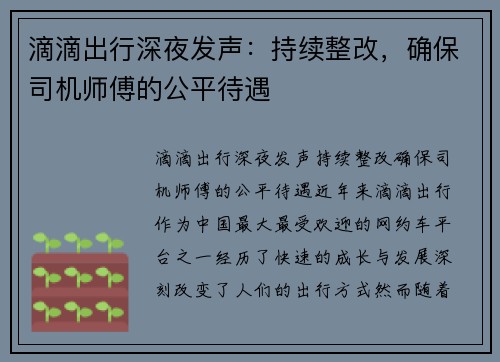 滴滴出行深夜发声：持续整改，确保司机师傅的公平待遇