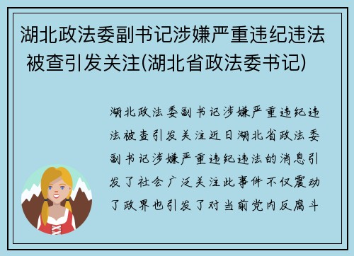 湖北政法委副书记涉嫌严重违纪违法 被查引发关注(湖北省政法委书记)