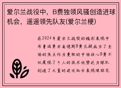 爱尔兰战役中，B费独领风骚创造进球机会，遥遥领先队友(爱尔兰梗)