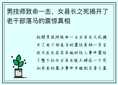 男技师致命一击，女县长之死揭开了老干部落马的震惊真相