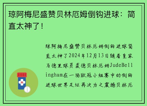 琼阿梅尼盛赞贝林厄姆倒钩进球：简直太神了！