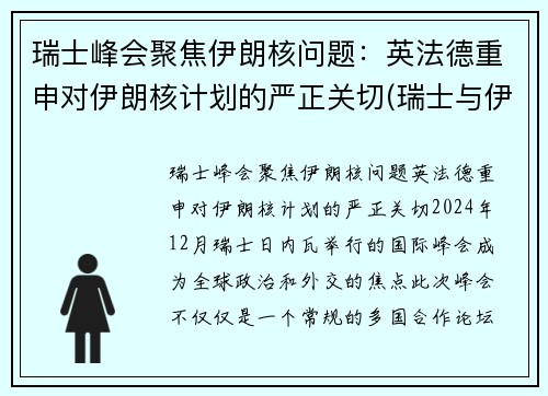 瑞士峰会聚焦伊朗核问题：英法德重申对伊朗核计划的严正关切(瑞士与伊朗完成交易)