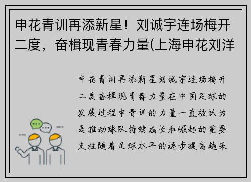 申花青训再添新星！刘诚宇连场梅开二度，奋楫现青春力量(上海申花刘洋)