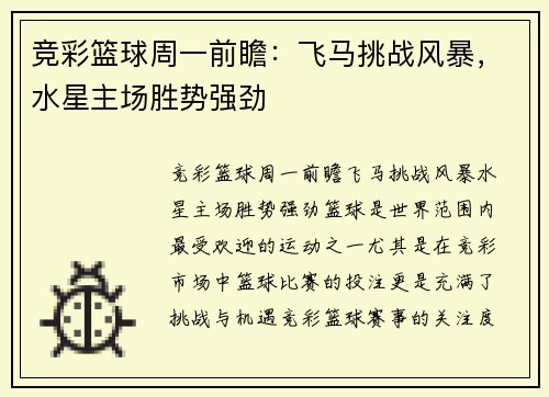 竞彩篮球周一前瞻：飞马挑战风暴，水星主场胜势强劲