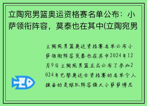 立陶宛男篮奥运资格赛名单公布：小萨领衔阵容，莫泰也在其中(立陶宛男子篮球队)