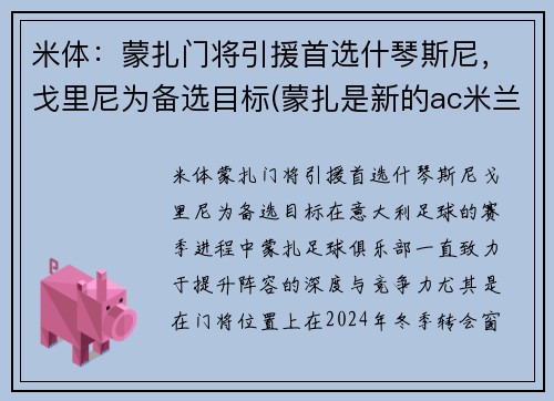 米体：蒙扎门将引援首选什琴斯尼，戈里尼为备选目标(蒙扎是新的ac米兰)