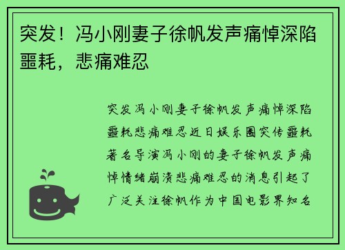 突发！冯小刚妻子徐帆发声痛悼深陷噩耗，悲痛难忍