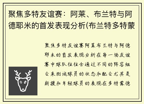 聚焦多特友谊赛：阿莱、布兰特与阿德耶米的首发表现分析(布兰特多特蒙德)